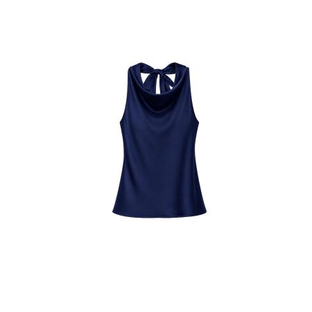 Donkerblauwe satijnen halter top met strikdetail