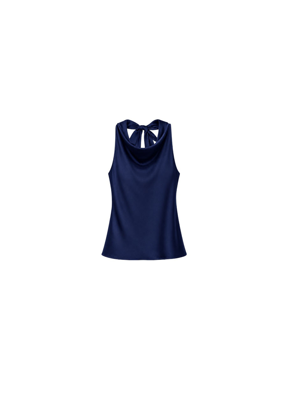 Donkerblauwe satijnen halter top met strikdetail