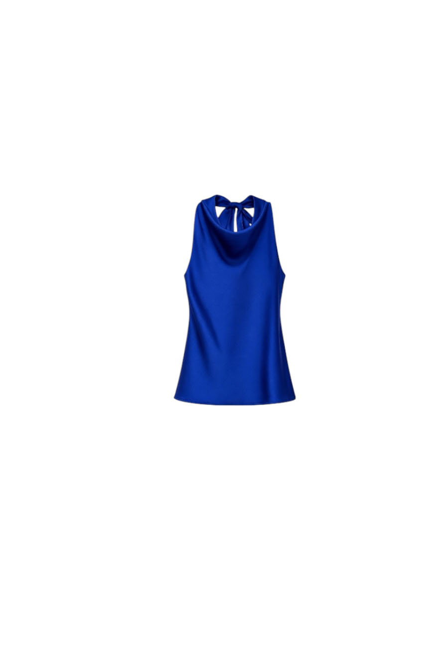 Kobalt satijnen halter top met strikdetail