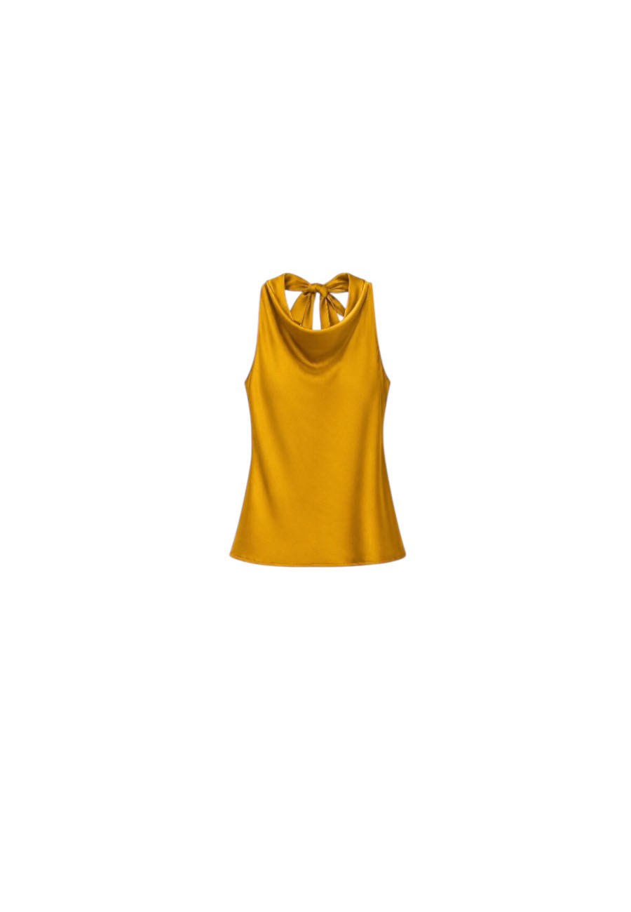 Okergele satijnen halter top met strikdetail