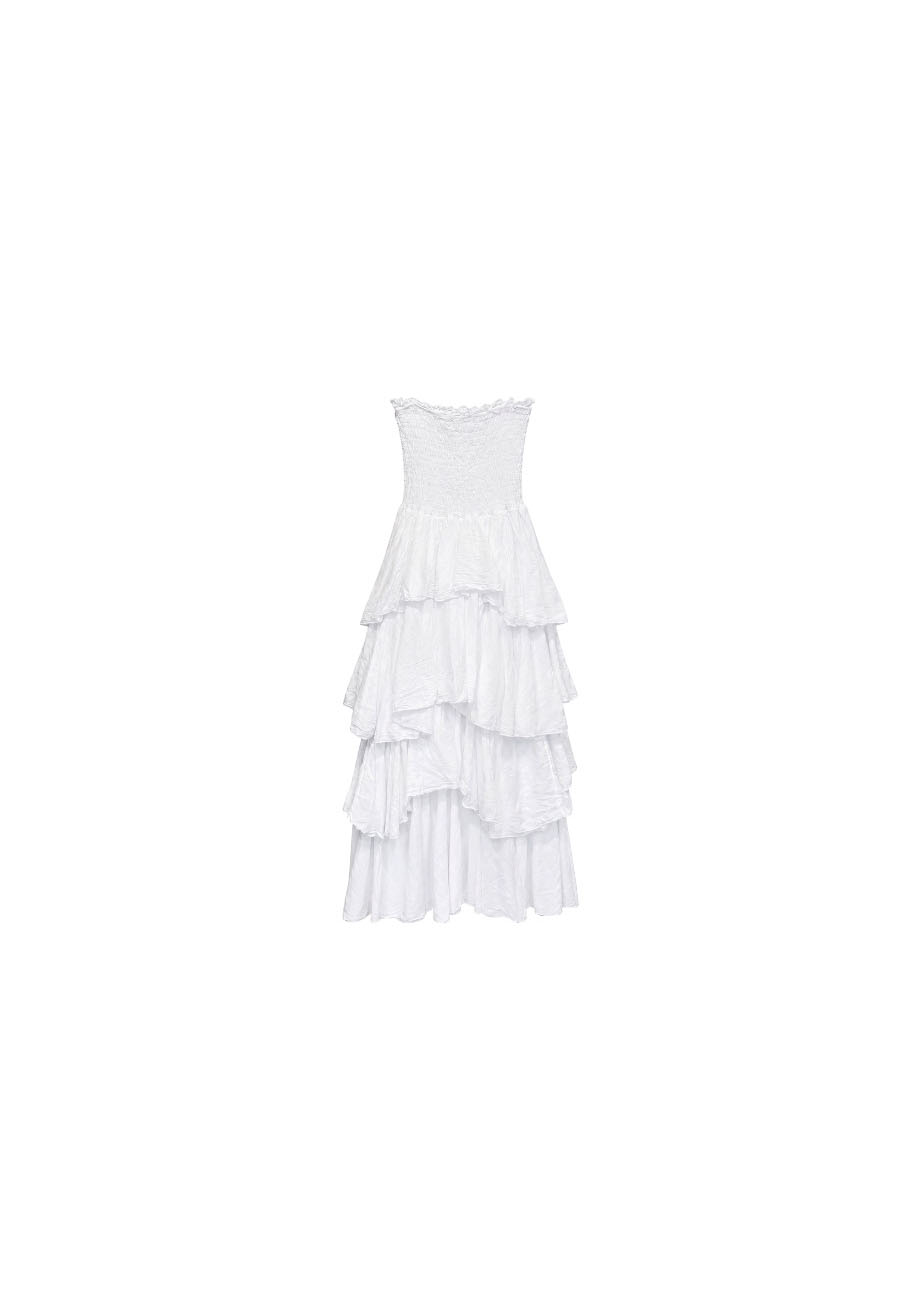 Witte strapless jurk met gelaagde ruches