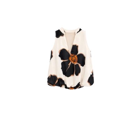 Ecru haltertop met zwarte bloemen