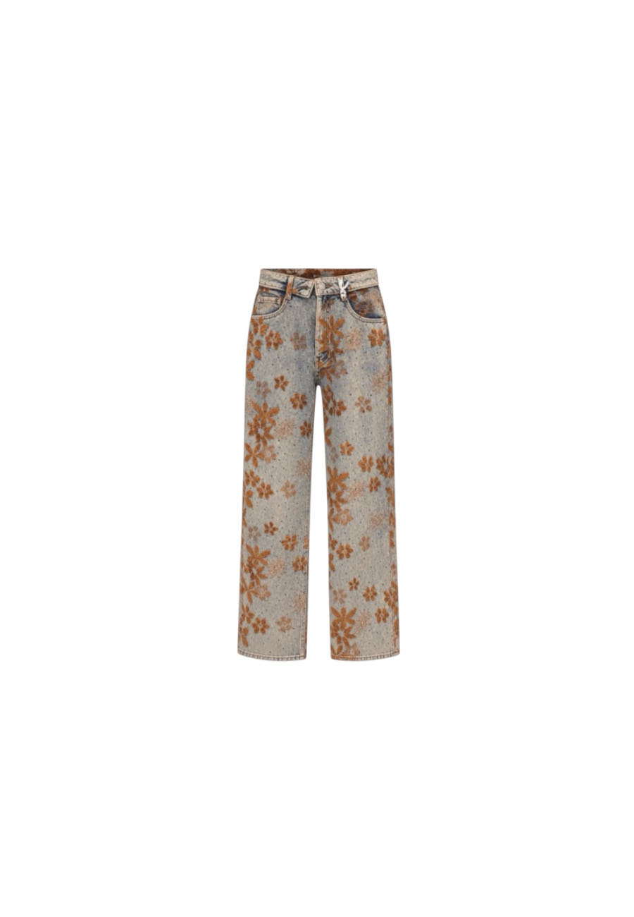 Suede flowers fold over wide leg jeans