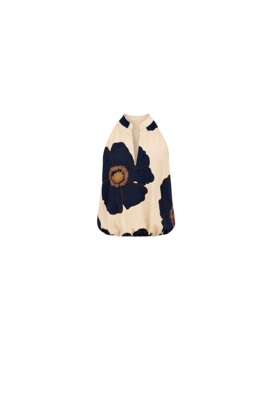 Ecru top met blauwe bloemen