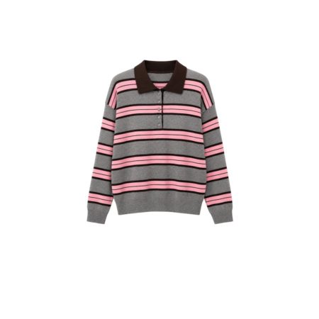 Grijs met roze gestreepte gebreide polo