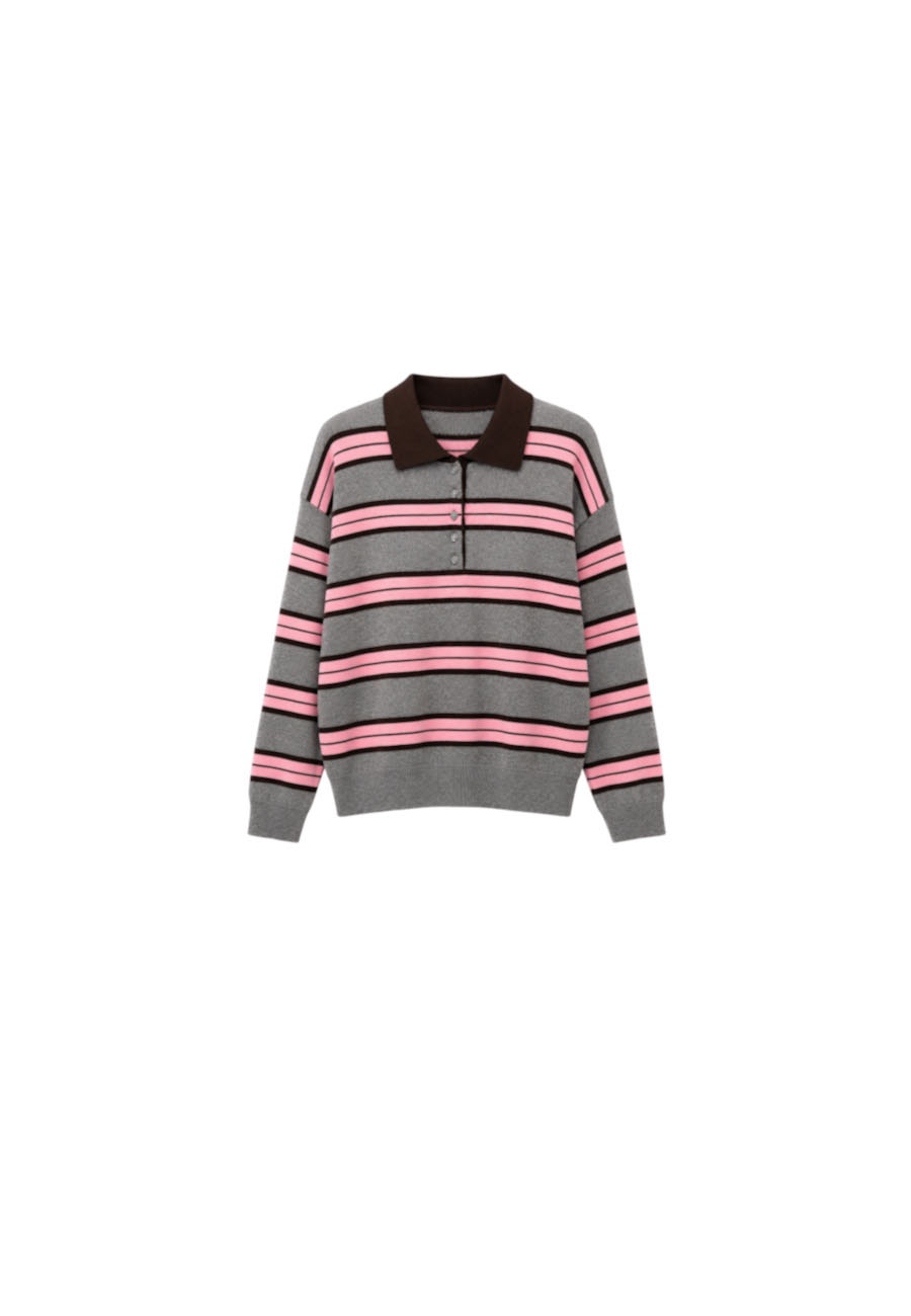 Grijs met roze gestreepte gebreide polo