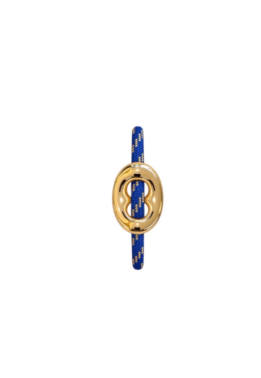 Blauw/goud touwarmband met goudkleurige boon bedel