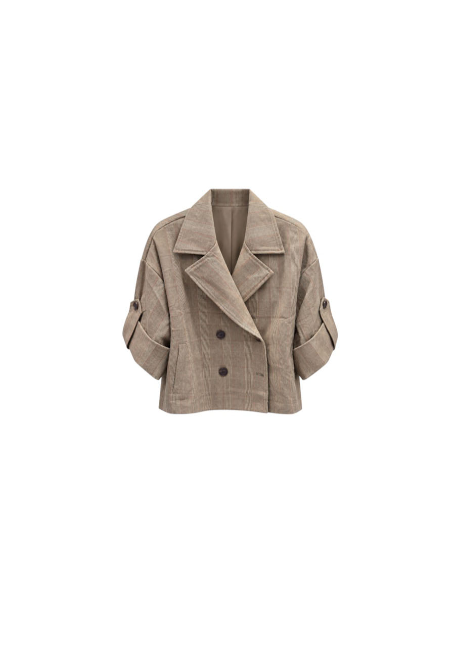 Beige geruite cropped trenchcoat