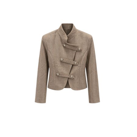 Kort beige geruit jasje met asymmetrische knoopsluiting