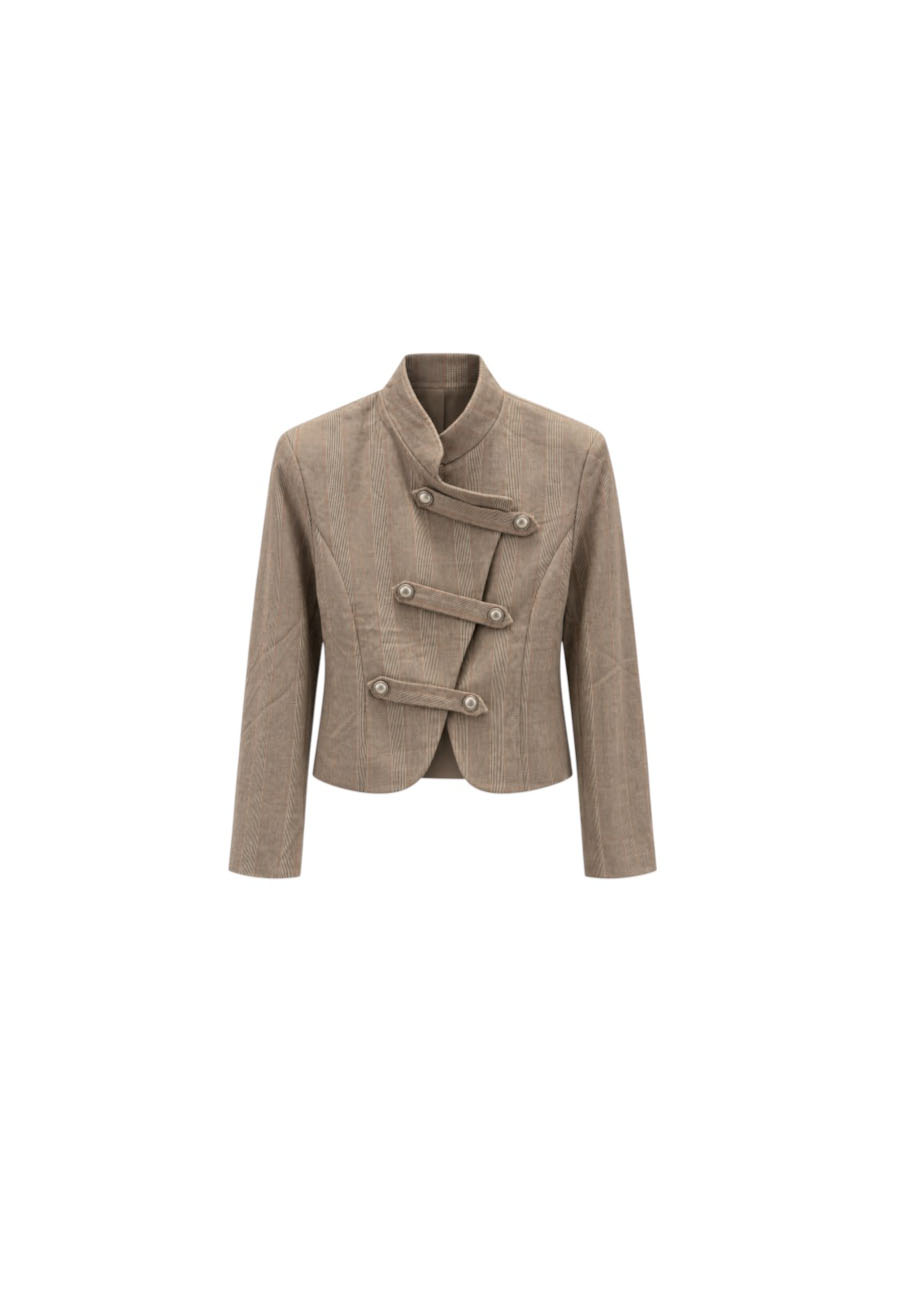Kort beige geruit jasje met asymmetrische knoopsluiting